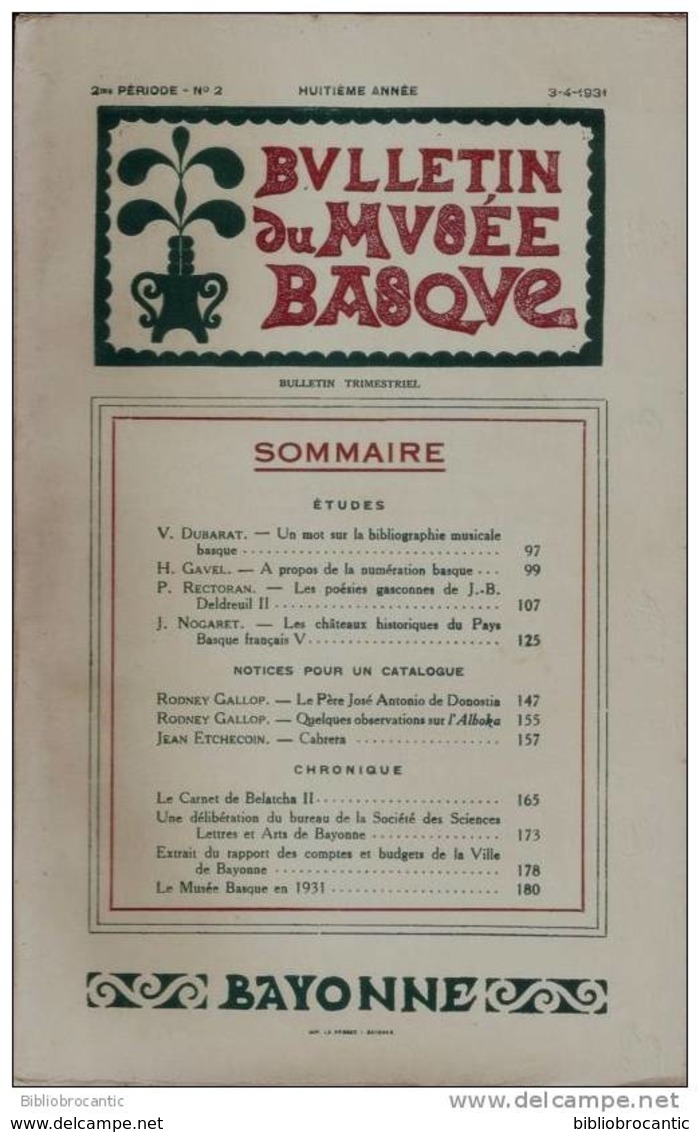 B. MUSEE BASQUE BAYONNE 1931 N°2/. MUSIQUE BASQUE/GAVEL NUMEROT.BASQUE/RECTORAN:POESIE/NOGARET:CHATEAUX P. BASQUE - Pays Basque