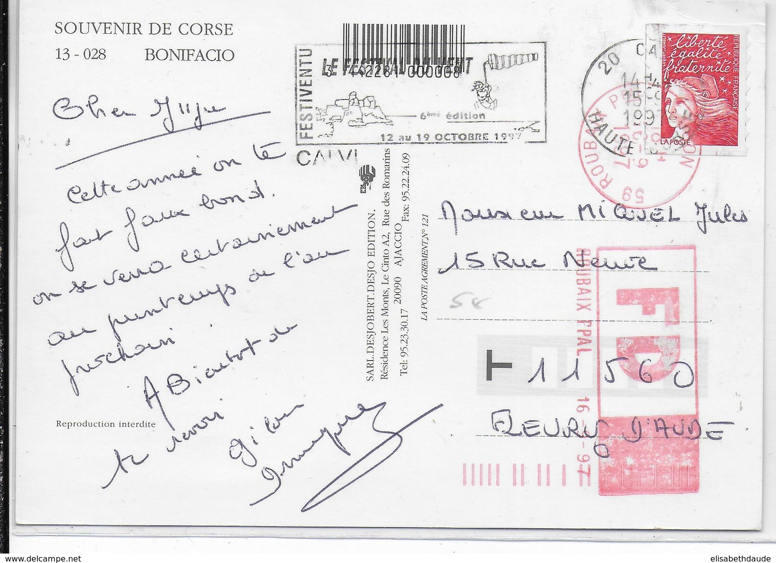 1997 - CARTE De CALVI (CORSE) => AUDE FAUSSE DIRECTION à ROUBAIX ! - 1961-....