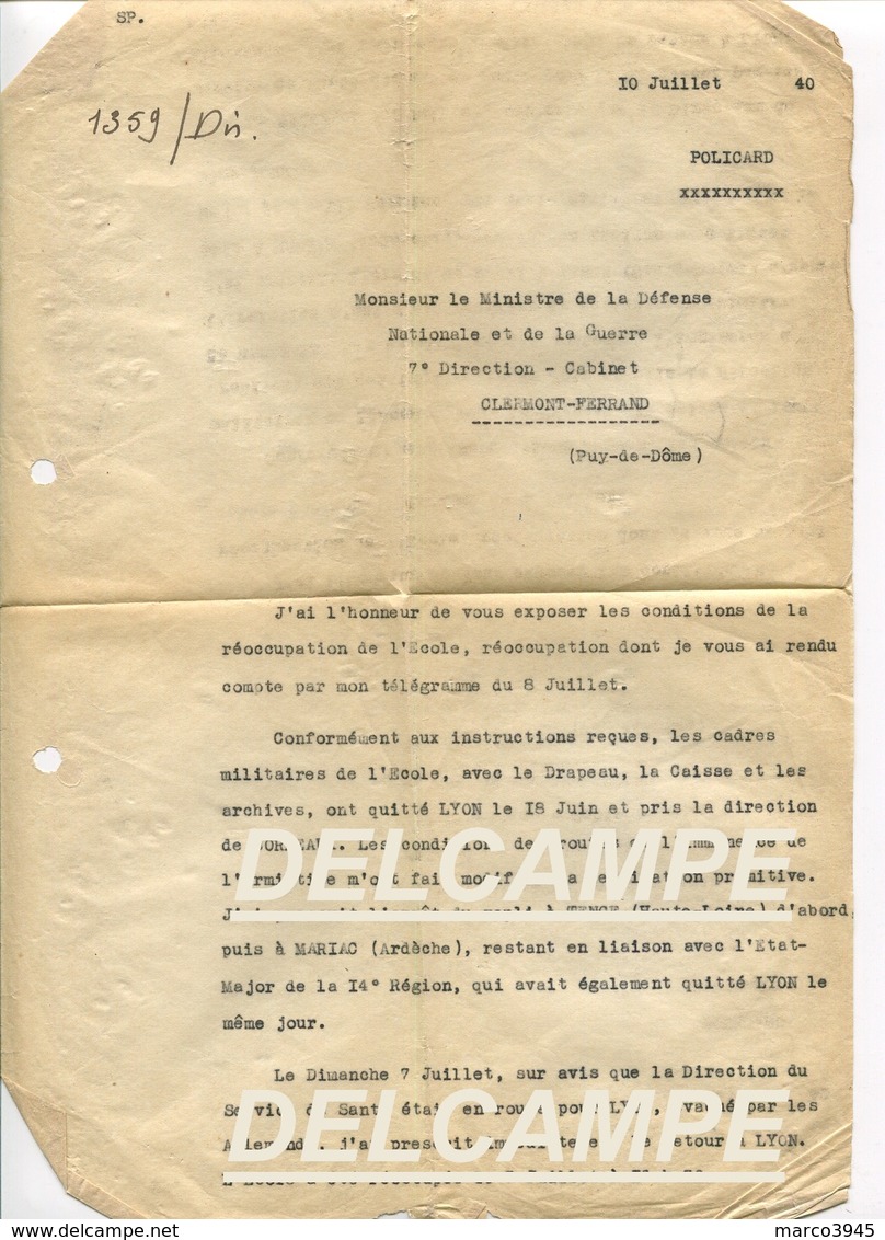 Ecole Militaire De Santé De Lyon : Déplacement En 1940 2 Feuilles - Documents Historiques