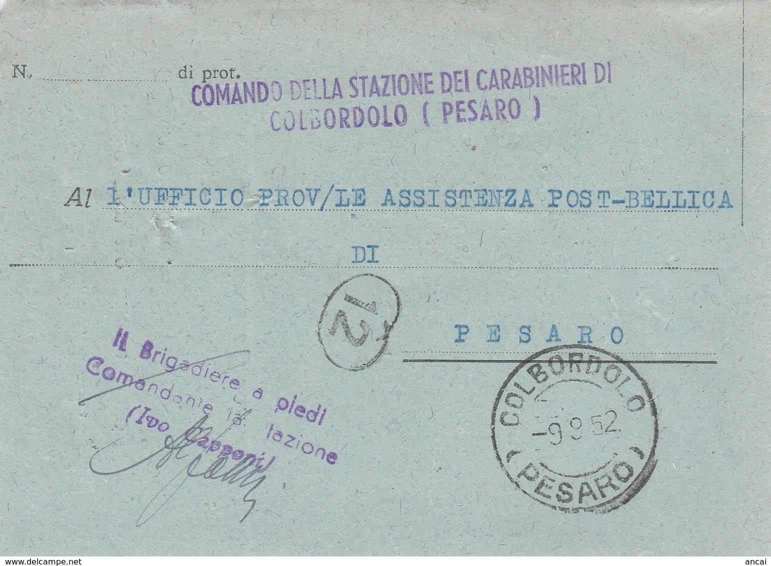 Colbordolo. 1952. Annullo Guller  COLBORDOLO (PESARO), Su Franchigia - 1946-60: Storia Postale