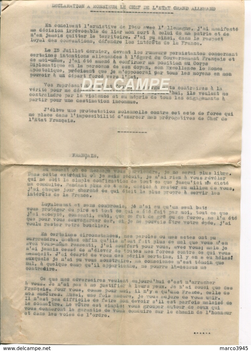 Discours Et Condition De Depart  Du Marechal Petain De Vichy Le 20 Aout 1944 3 Feuillets - Documenti Storici