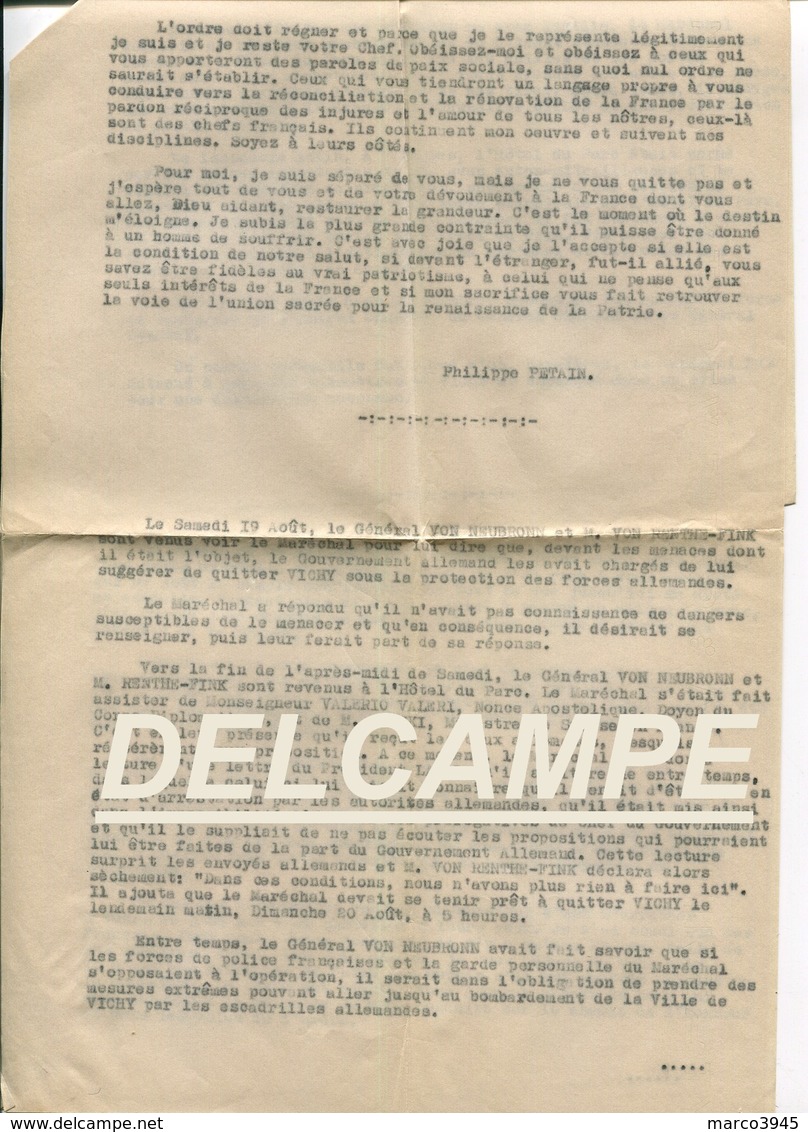 Discours Et Condition De Depart  Du Marechal Petain De Vichy Le 20 Aout 1944 3 Feuillets - Documenti Storici