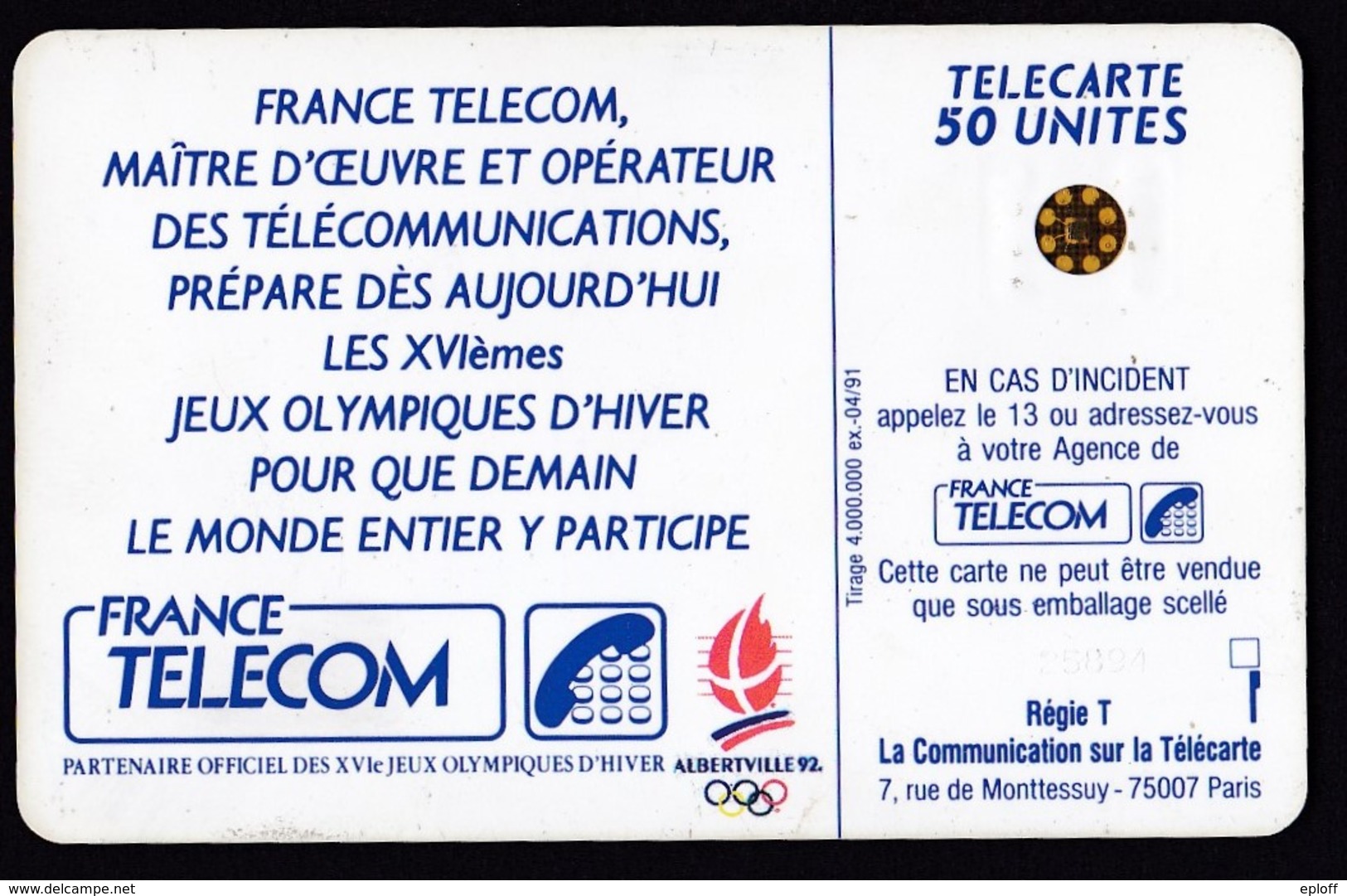 FRANCE  Télécarte   XVIème J.O. D' Hiver Ski Alpin   SC5 De 50 Unités De 04.1991 Tirage 4k Ex. - Olympische Spiele