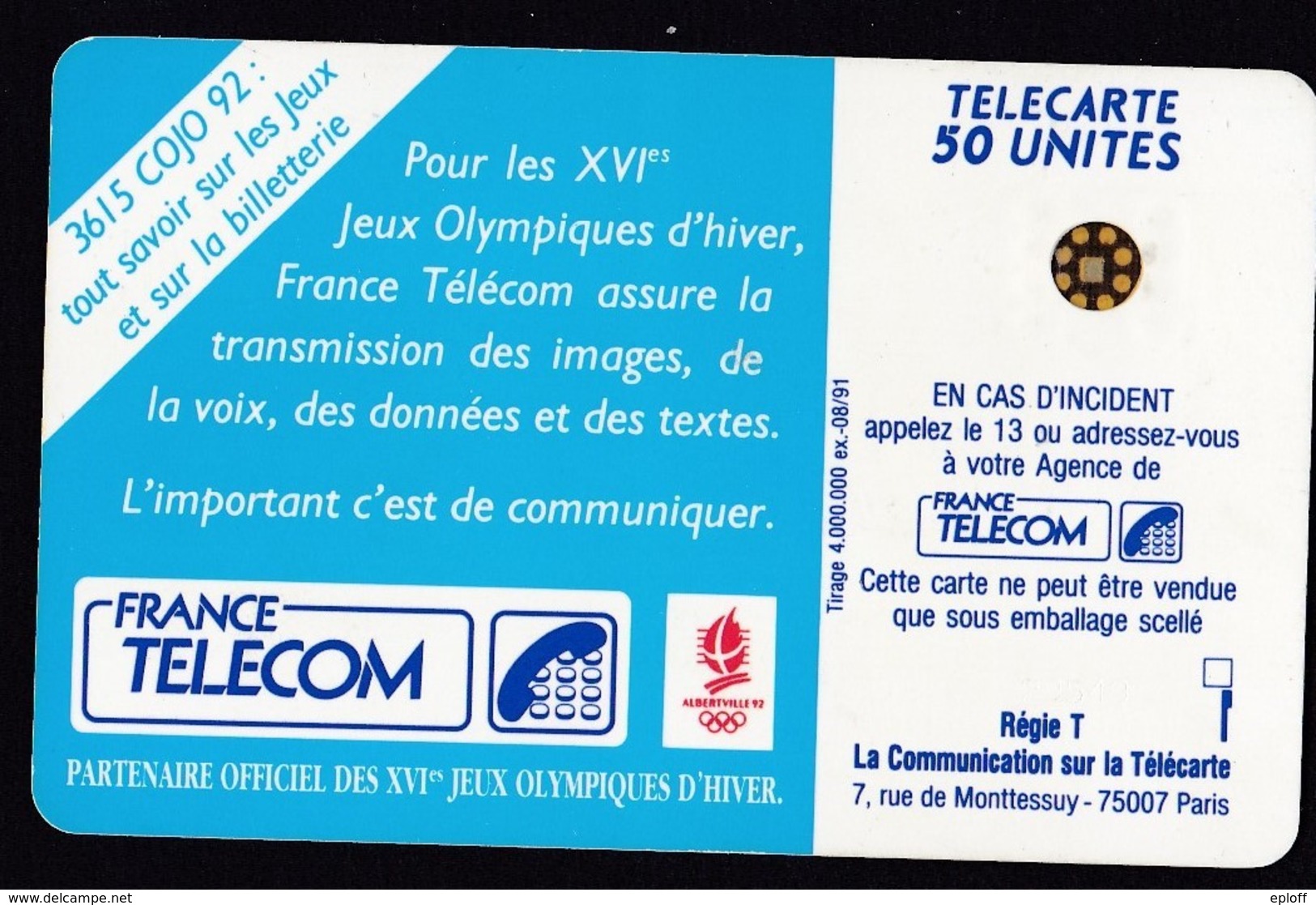 FRANCE  Télécarte   XVIème J.O. D' Hiver  Saut à Ski    SC4 De 50 Unités De 08.1991 Tirage 4k Ex. - Olympische Spelen