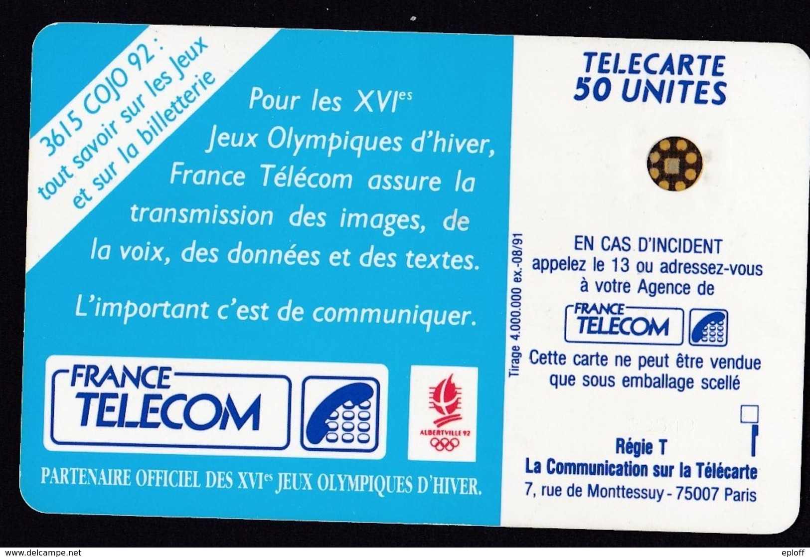 FRANCE  Télécarte   XVIème J.O. D' Hiver  Saut à Ski    SC4 De 50 Unités De 08.1991 Tirage 4k Ex. - Olympic Games