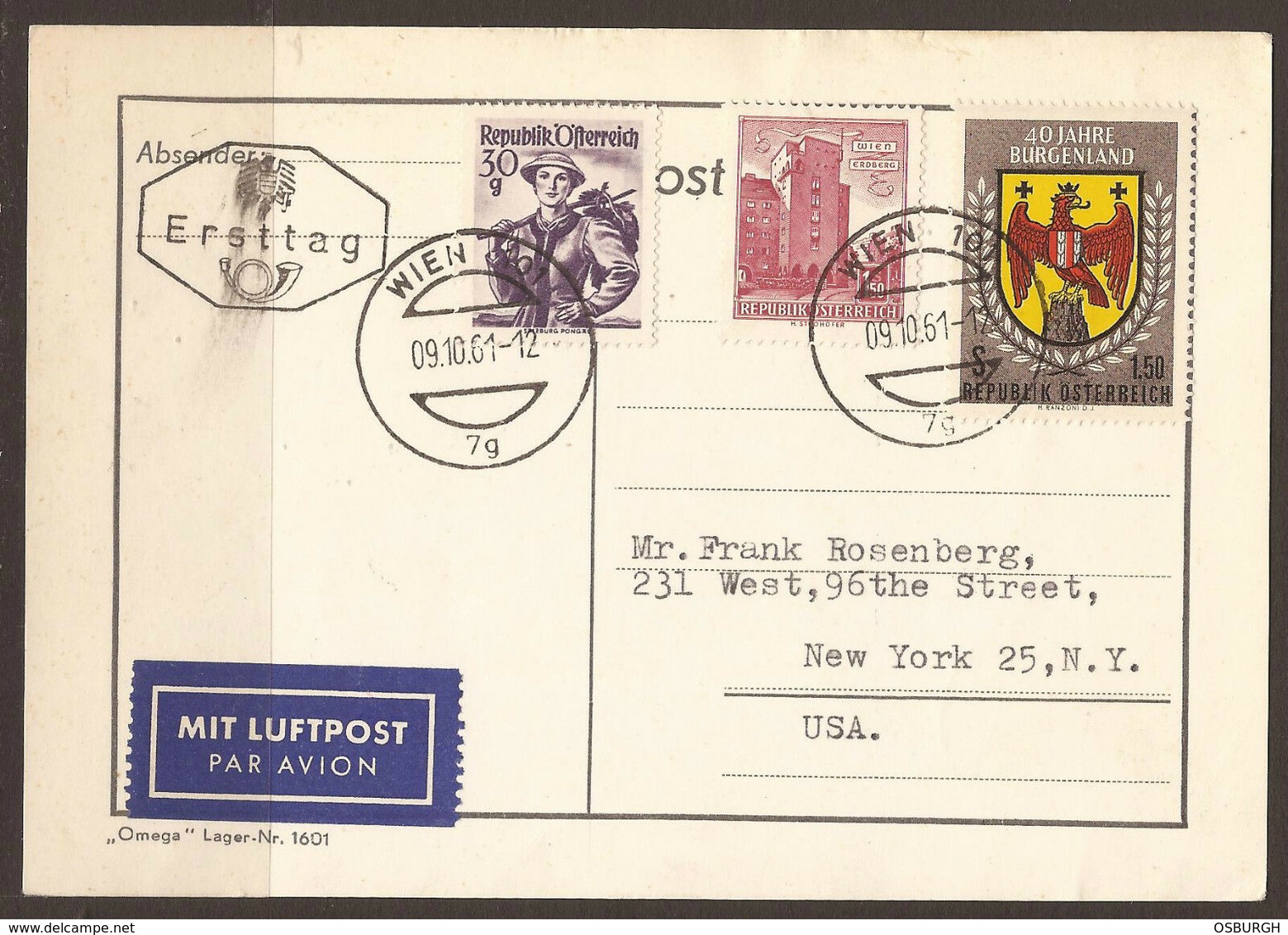 AUSTRIA. FIRST DAY / ERSTTAG AIR MAIL CARD. 1961. BURGENLAND. EAGLE. - FDC