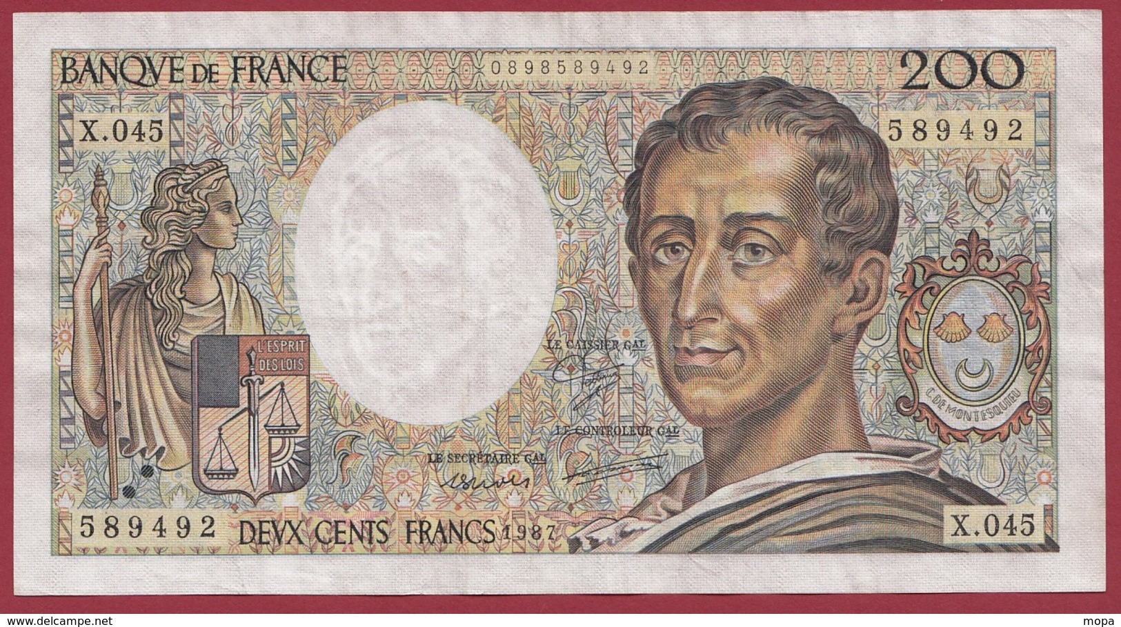 200 Francs "Montesquieu" 1987 ---VF/SUP----ALPH.X.45--AUCUN TROU D EPINGLE - 200 F 1981-1994 ''Montesquieu''