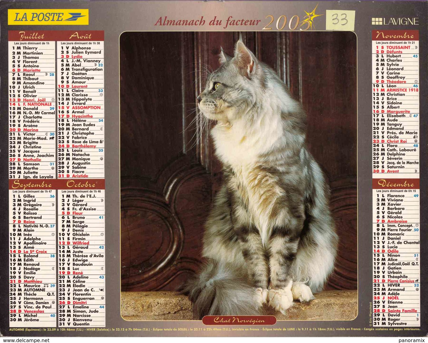 °° Calendrier Almanach La Poste 2003 Lavigne - Dépt 33 - Chats - Big : 2001-...