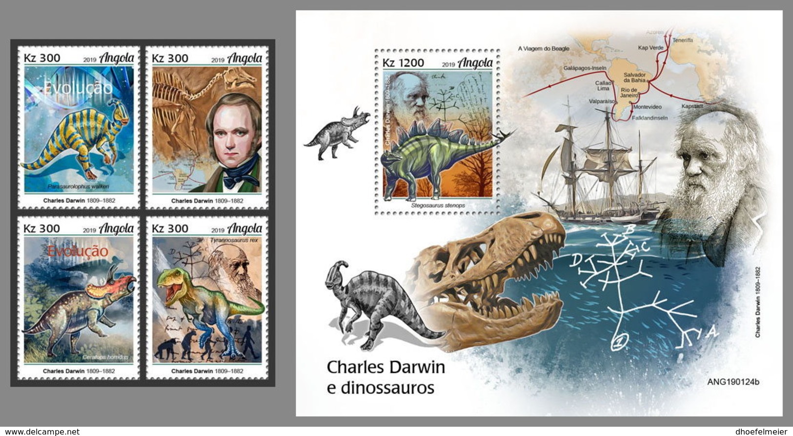 ANGOLA 2019 MNH Charles Darwin Dinosaurs Dinosaurier Dinosaures 4v+S/S - OFFICIAL ISSUE - DH1926 - Préhistoriques