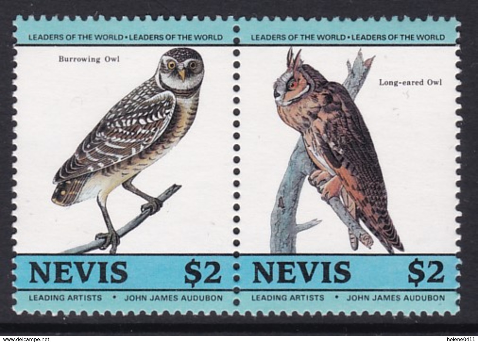 2 TIMBRES NEUFS DE NEVIS - OISEAUX DE J.-J. AUDUBON (RAPACES NOCTURNES) N° Y&T 277/278 - Hiboux & Chouettes