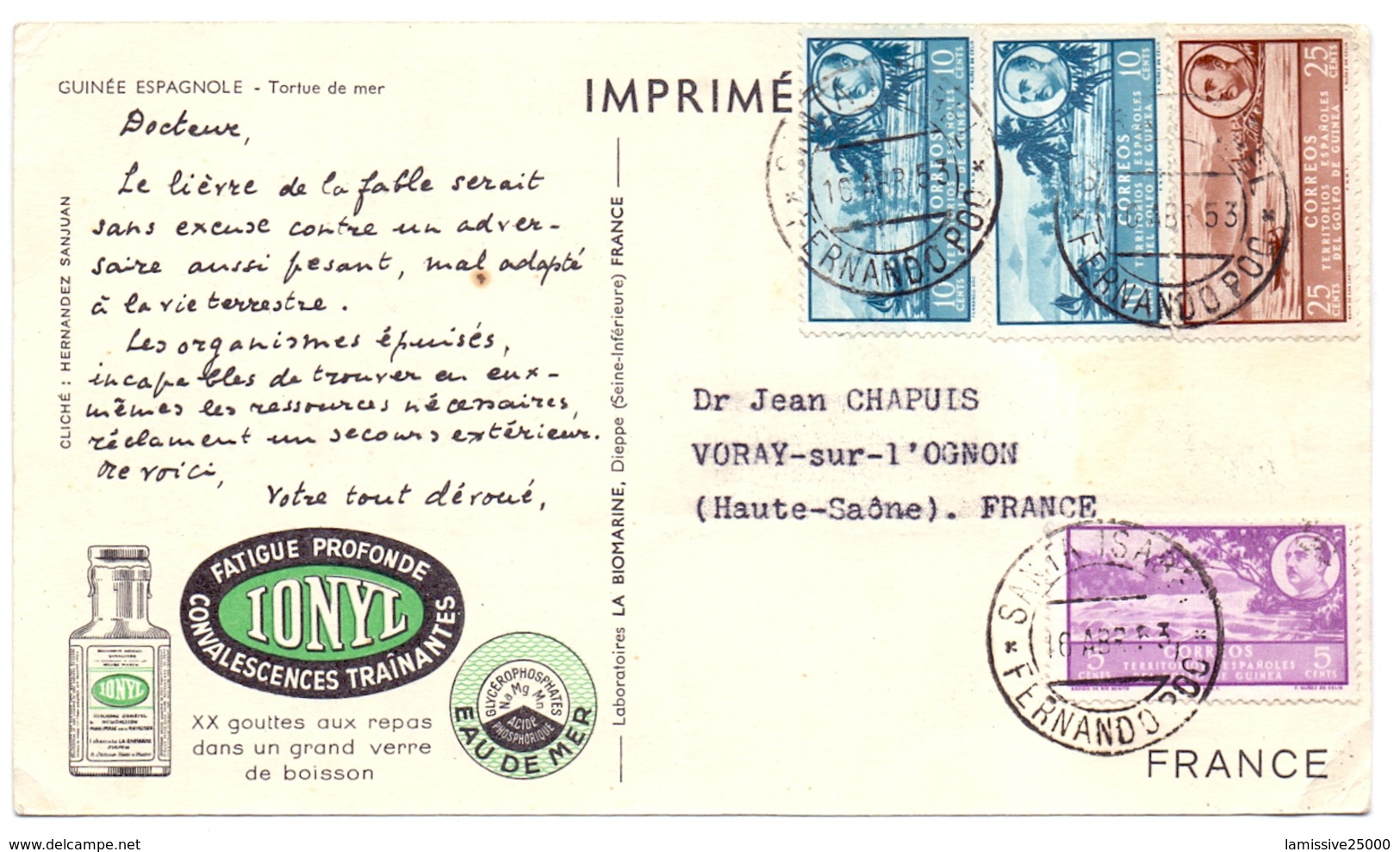 Carte Pub Ionyl Biomarine Guinée Espagnole Tortue De Mer - Spanish Guinea