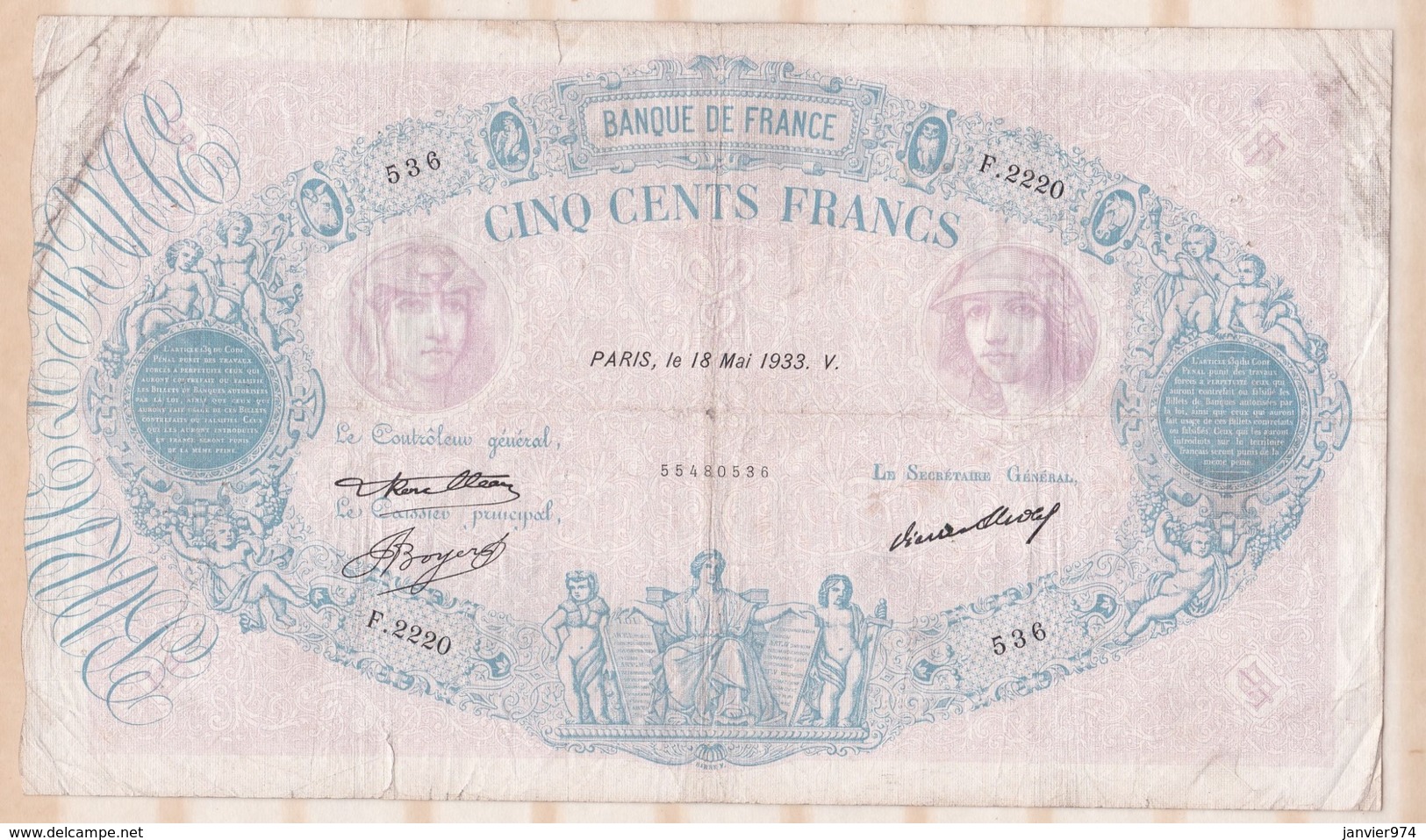 500 Francs Bleu Et Rose 18 Mai 1933 Alphabet F.2220 N°536 - 500 F 1888-1940 ''Bleu Et Rose''