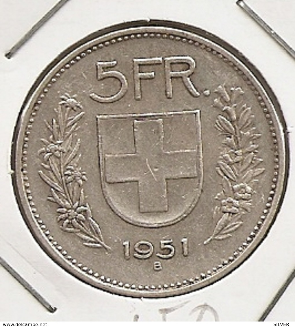 SWITZERLAND SUISSA SUISSE  5 FRANCS 1951 SILVER ARGENT PLATA  150 RARE ETAT - Autres & Non Classés