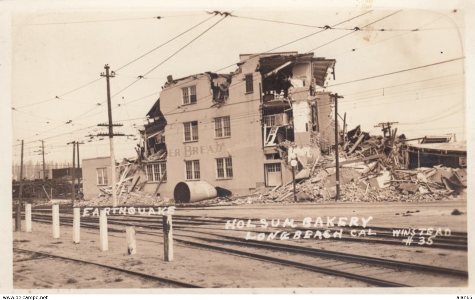 Long Beach California, 1933 Earthquake Damage To Holsun Bakery Building, C1930s Vintage Real Photo Postcard - Long Beach