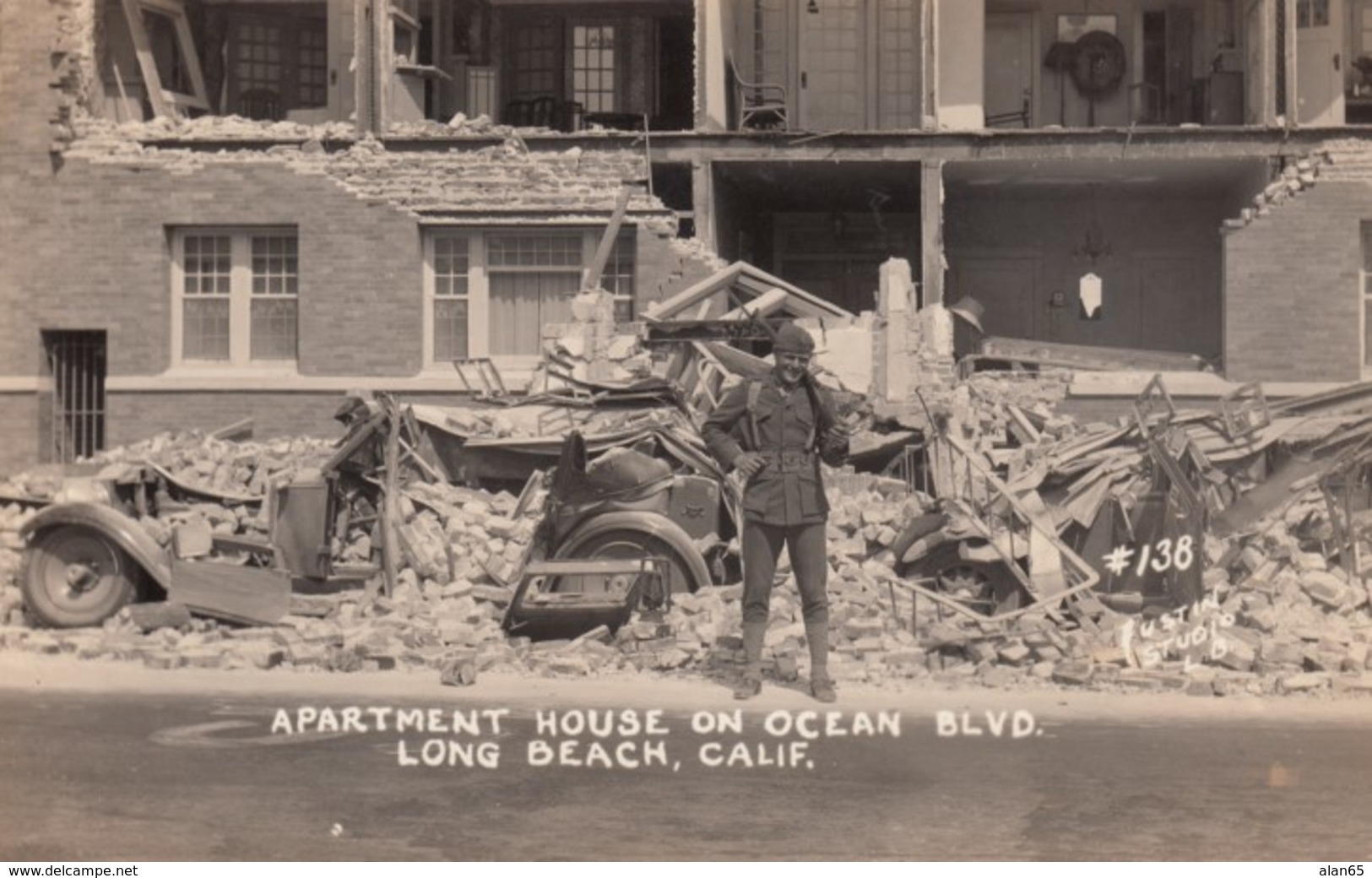 Long Beach California, 1933 Earthquake Damage Apartment Auto, Soldier Ocean Blvd., C1930s Vintage Real Photo Postcard - Long Beach