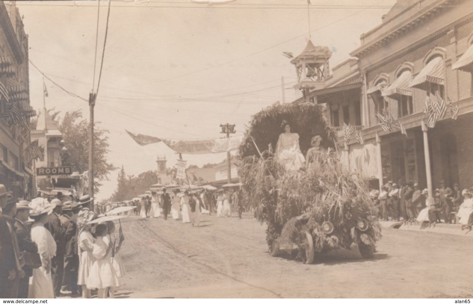 California Small Town Parade, Oroville California Banner Visible, Auto, Flags, C1900s/10s Vintage Real Photo Postcard - Other & Unclassified