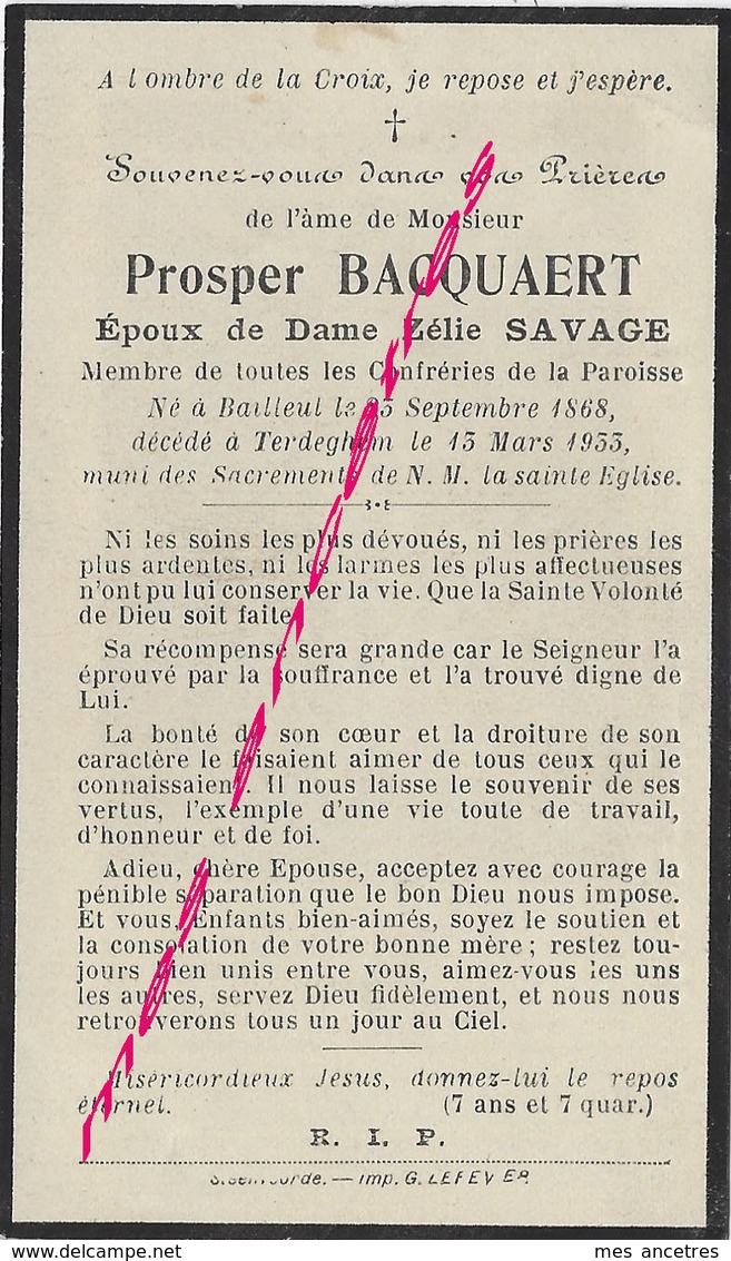 En 1933 Terdeghem-Prosper BACQUAERT ép Zélie Savage Né En 1868 à Bailleul-membre  Confréries De La Paroisse - Décès