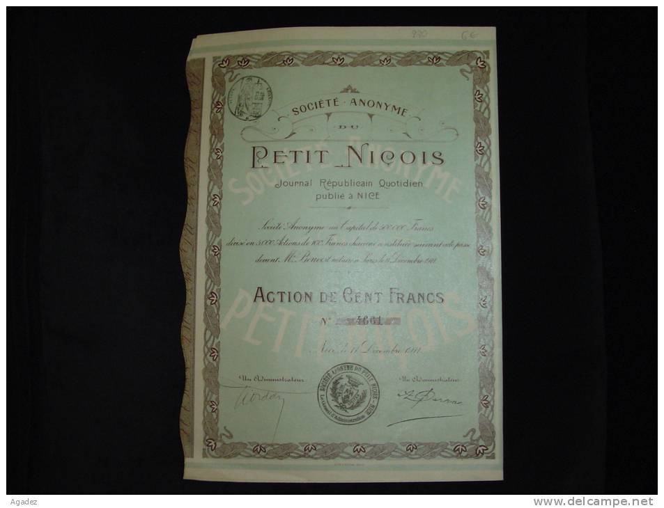 Action "Petit Niçois"Journal Republicain Quotidien Publié à Nice 1911 Excellent état - Industrie
