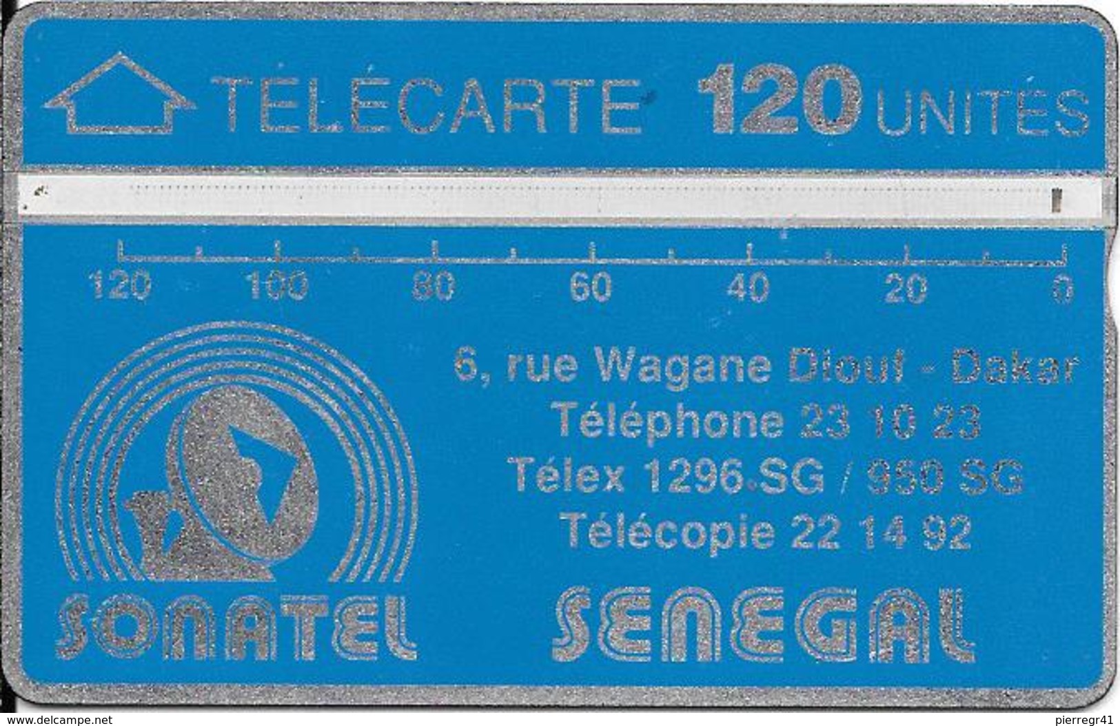 CARTE-HOLOGRAPHIQUE-SENEGAL-120U-SONATEL-V°N° Envers-N°001A30506-R° Bandes Argent/H0,5mm-B 0,50 Mm -UTILISE-TBE - Senegal