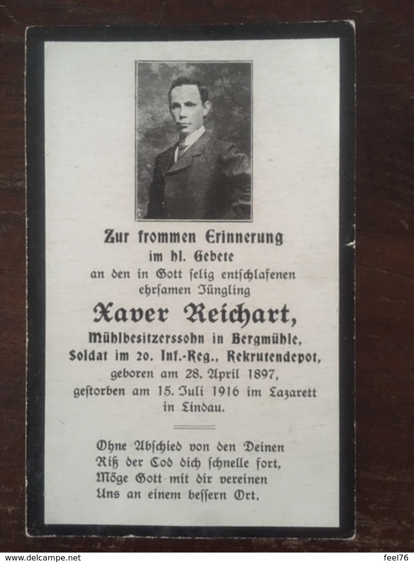 Sterbebild Wk1 Bidprentje Wo1 Avis Décès Deathcard IR20 Juli 1916 LINDAU Aus Bergmühle - 1914-18