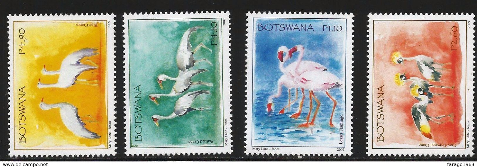 2009 Botswana Birds Oiseaux Cranes Flamingo Paintings Art  Complete Set Of 4 MNH - Botswana (1966-...)