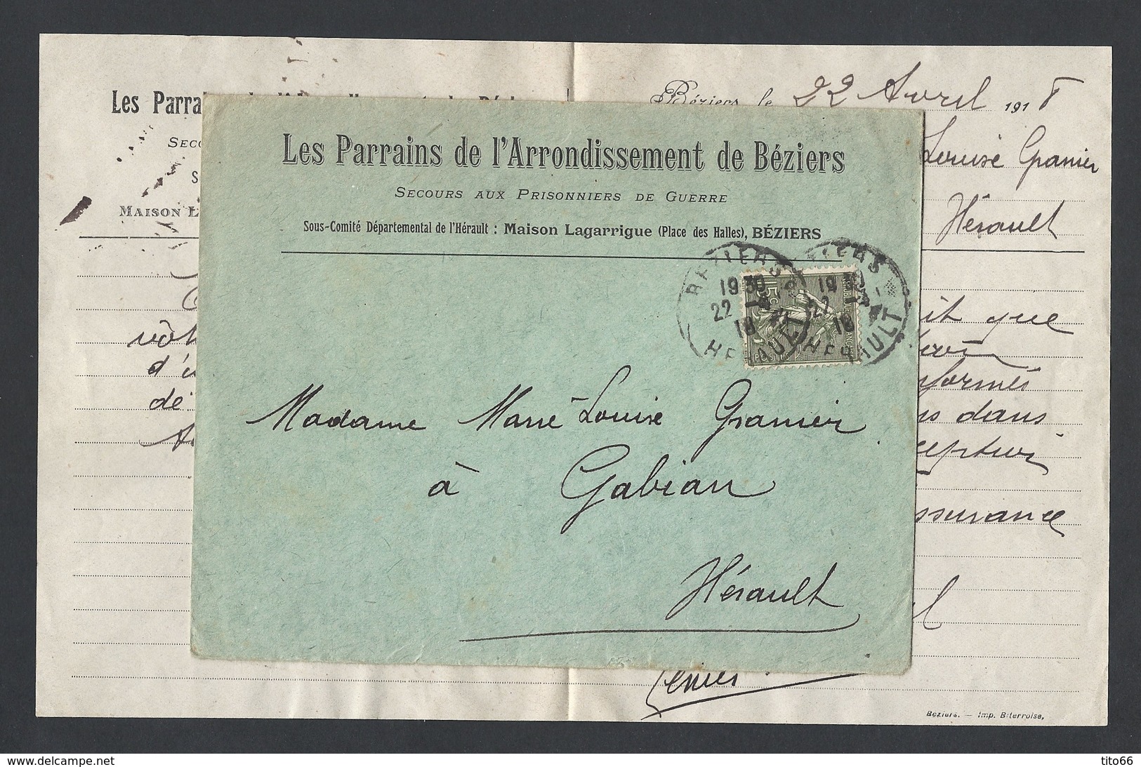 Semeuse Y/T 130 15c Sur Enveloppe  Association Secours Aux Prisonniers De Guerre  Béziers 22/4/1918 - 1877-1920: Semi Modern Period