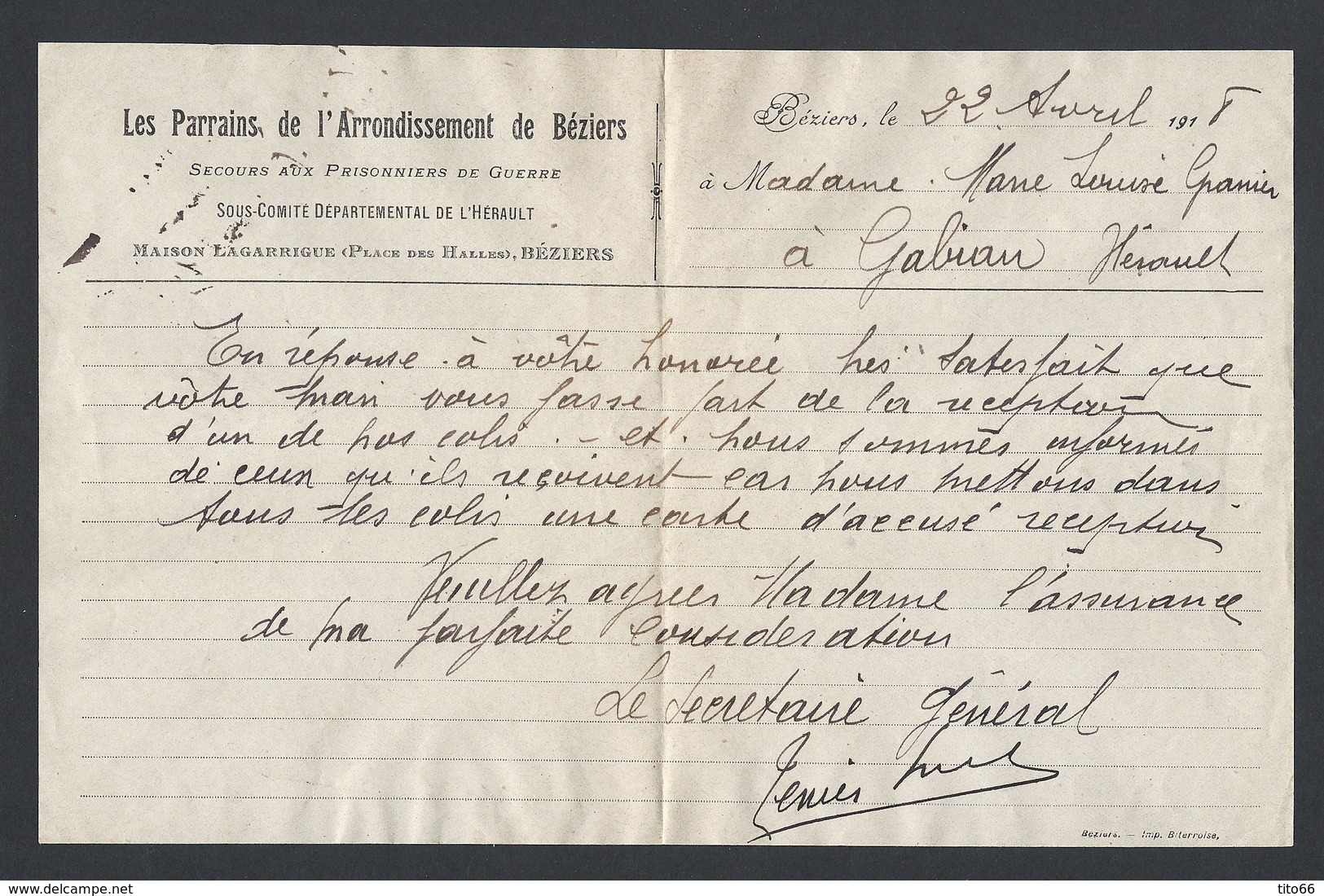 Semeuse Y/T 130 15c Sur Enveloppe  Association Secours Aux Prisonniers De Guerre  Béziers 22/4/1918 - 1877-1920: Semi Modern Period