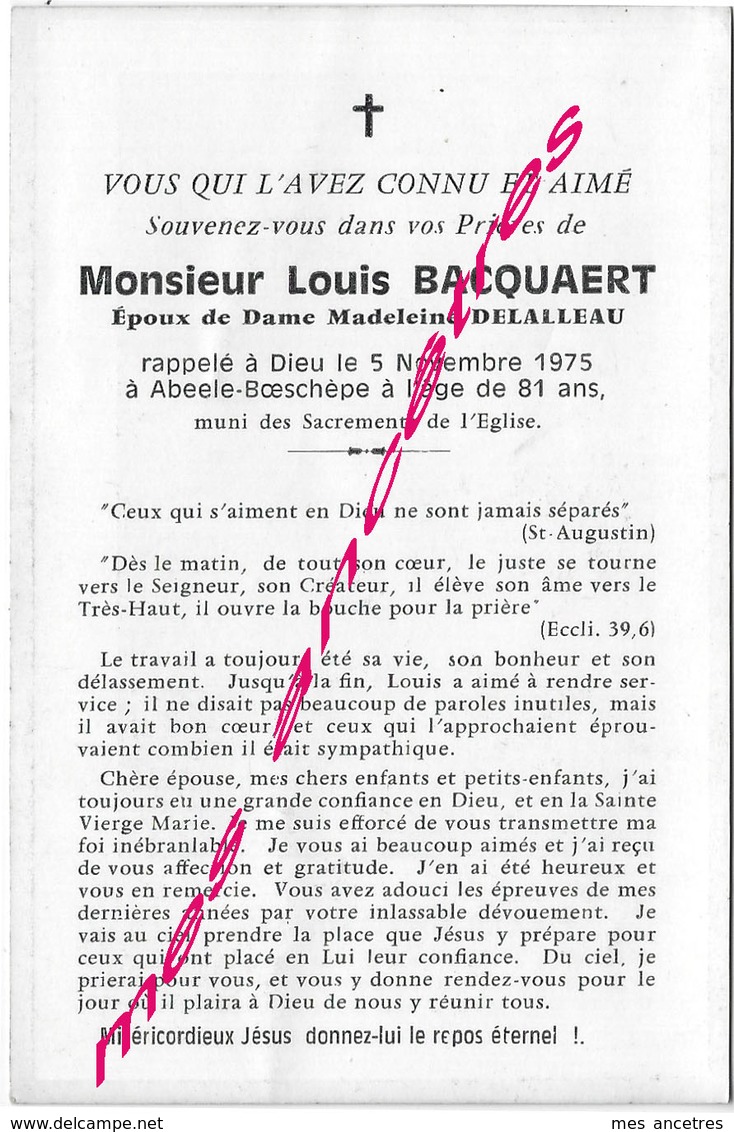 En 1975-Abeele-Boeschèpe (59) Louis BACQUAERT époux Madeleine DELALLEAU - Décès