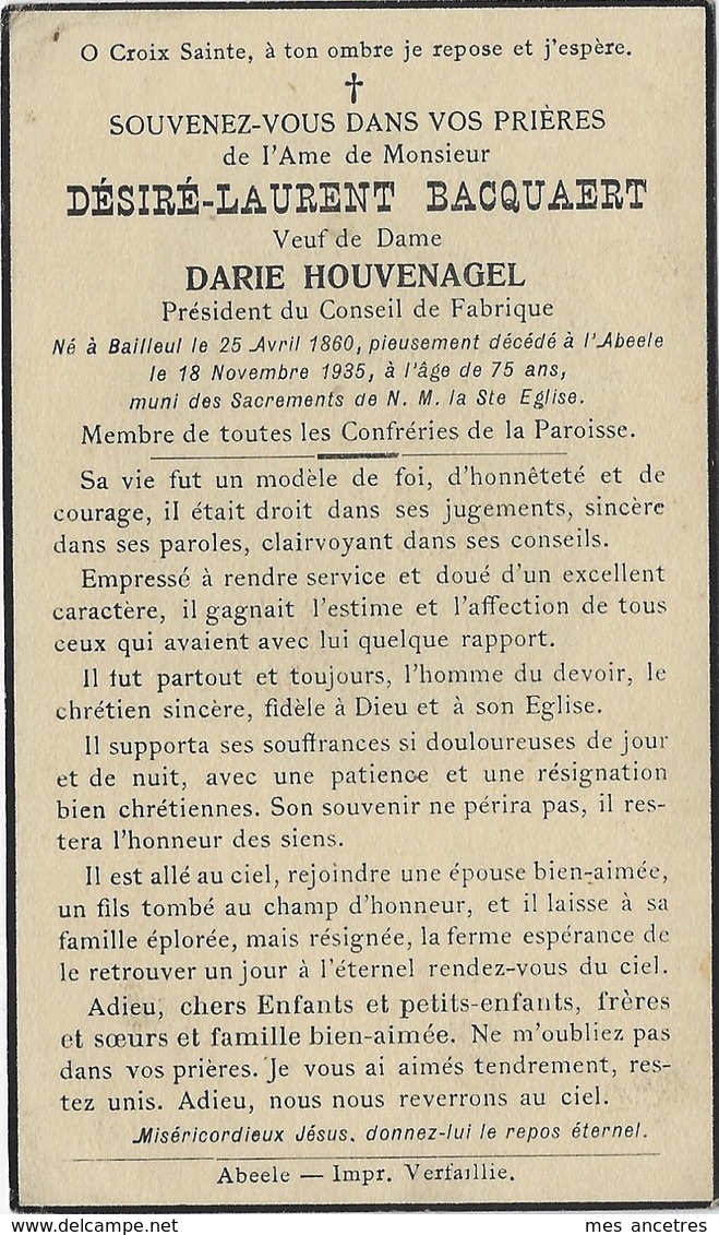 En 1935-Abeele (59) Désiré BACQUAERT époux Darie HOUVEGANEL Président Conseil De Fabrique, Né à Bailleul - Décès