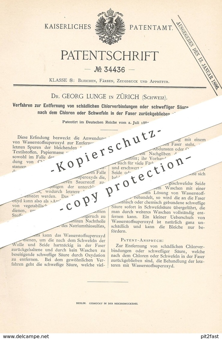 Original Patent - Dr. Georg Lunge , Zürich , Schweiz , 1885 , Entfernung Schädlicher Chlorverbindung O. Schwefelsäure !! - Historische Dokumente