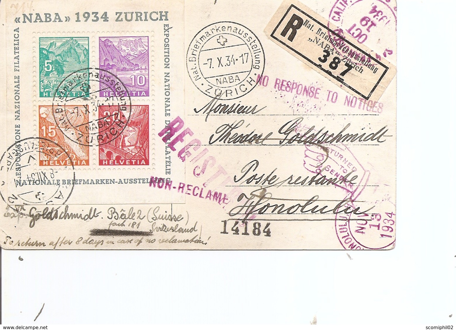 Suisse ( BF 1 Sur Carte Recommandée De 1934 Du Bureau De Poste De L'exposition "NABA" De Zuric Vers Honolulu à Voir) - Lettres & Documents