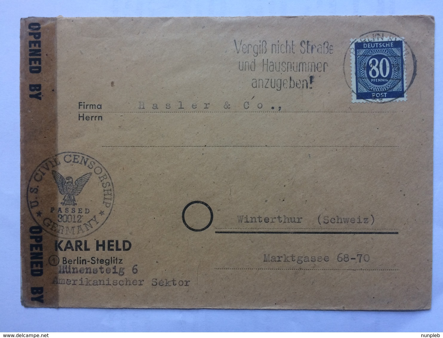 GERMANY Allied Occupation Cover Berlin To Winterthur Switzerland With US Censor Mark And Tape - Autres & Non Classés