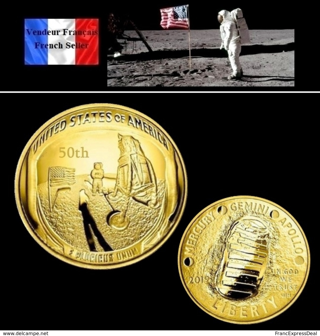 1 Pièce Plaquée OR ( GOLD Plated Coin ) - 2019 Anniversaire 50 Ans Mission Apollo 11 - Autres & Non Classés