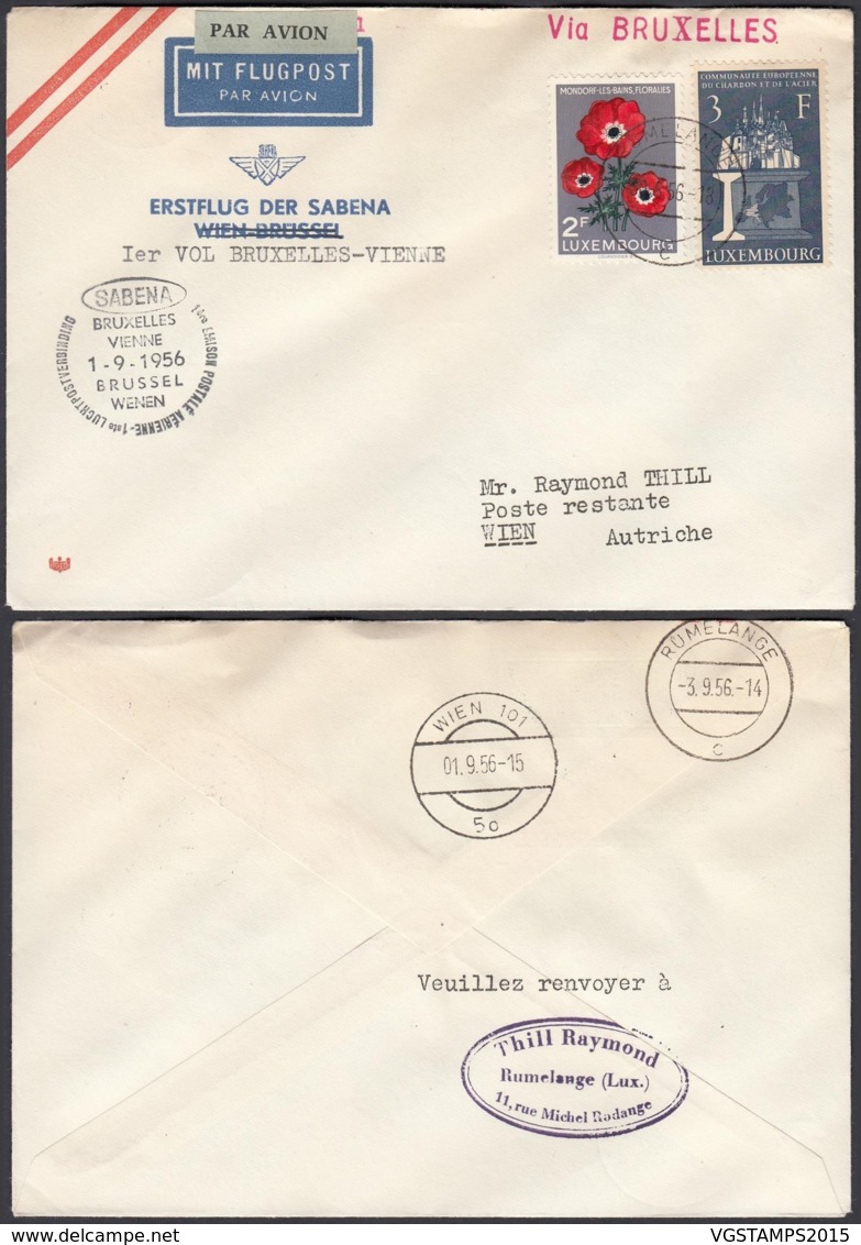 LUXEMBOURG 1956 1Er VOL SABENA BRUXELLES - VIENNE (BE) DC-3733 - Lettres & Documents