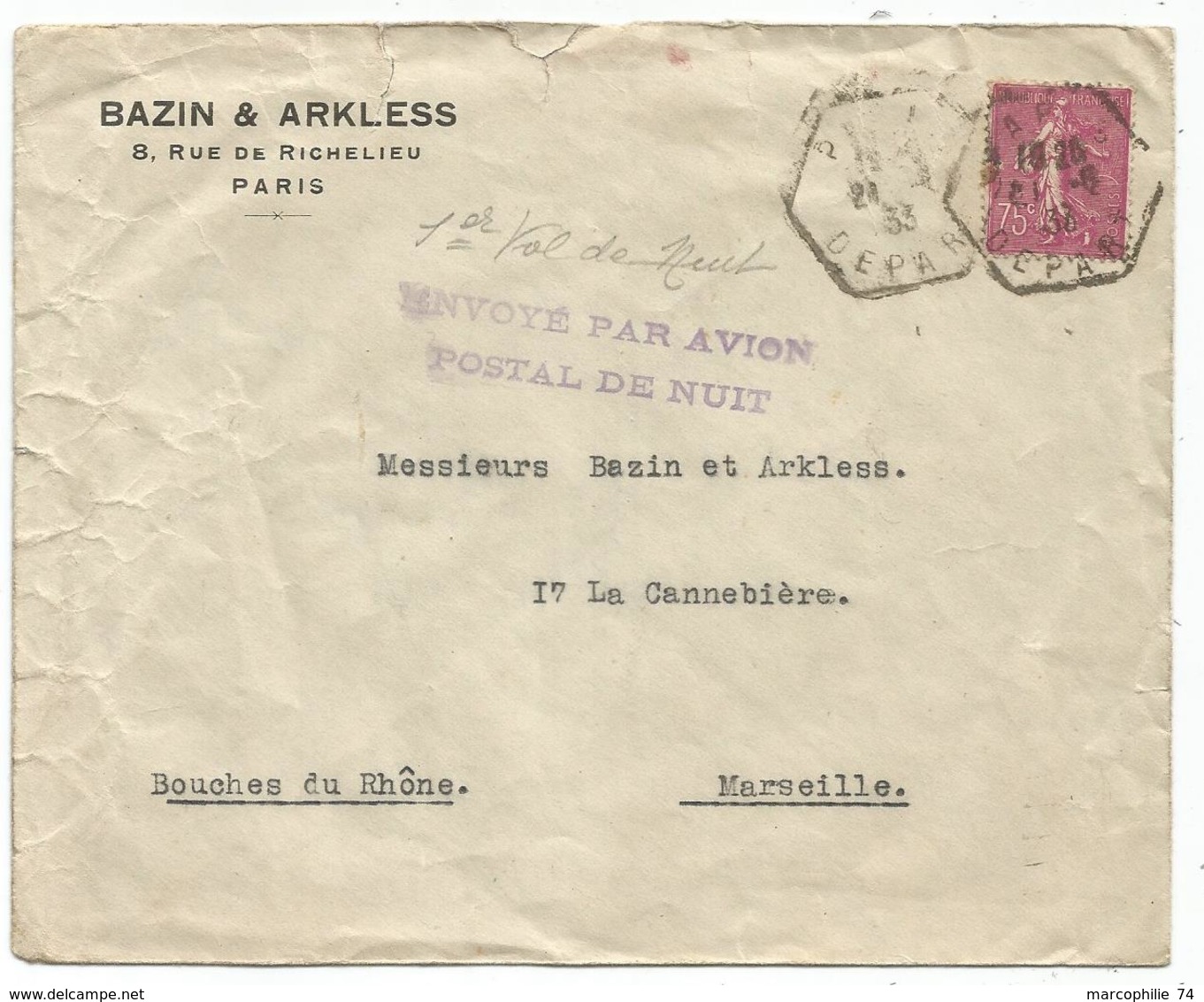 SEMEUSE 75C LIGNEE C. HEX PARIS DEPART 1933 LEVEE EXCETIONNELLE + GRIFFE PARI AVION DE NUIT POUR MARSEILLE RARE - 1921-1960: Période Moderne