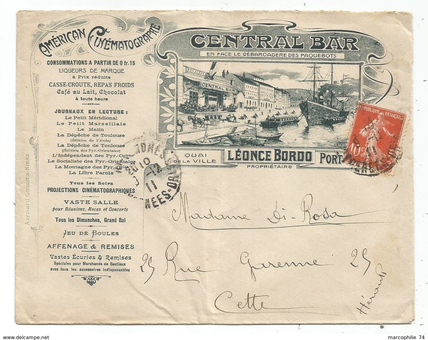 SEMEUSE 10C LETTRE COVER ILLUSTRATION AMERICAN CINEMATOGRAPHE PORT VENDRES PYRENEES ORIENTALES 1911 - 1921-1960: Période Moderne