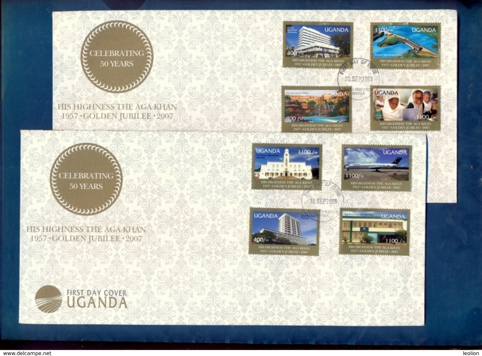 UGANDA FDC 2 First Day Covers With 8 Stamp Set Aga Khan 50th Anniversary Coronation 2008 - Uganda (1962-...)