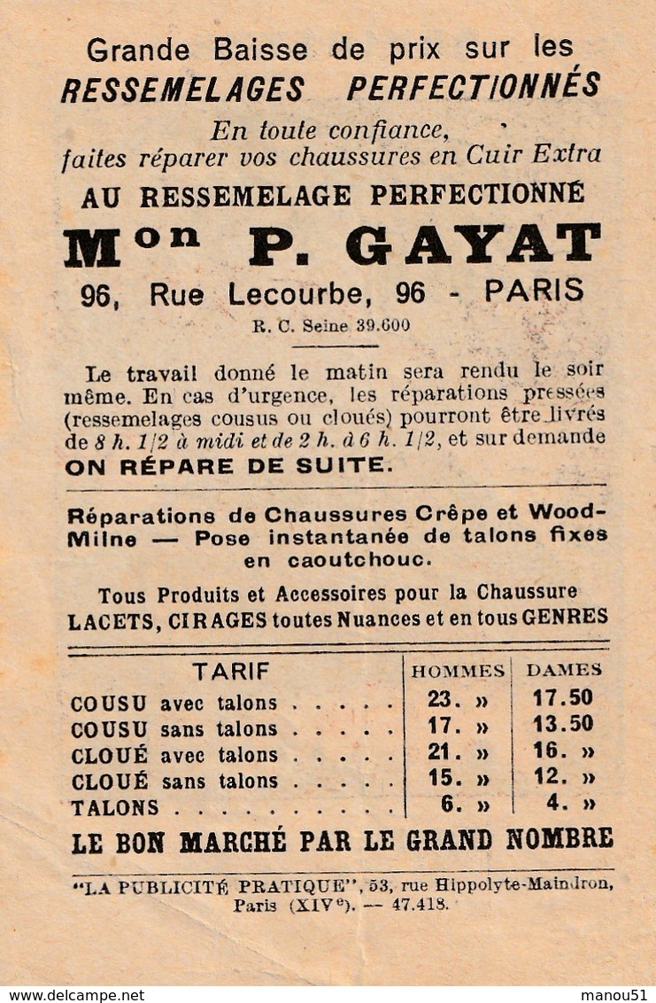 IMAGE Publicitaire ( Devinette ) Au Ressemelage Mon P. GAYAT à Paris - Sonstige & Ohne Zuordnung