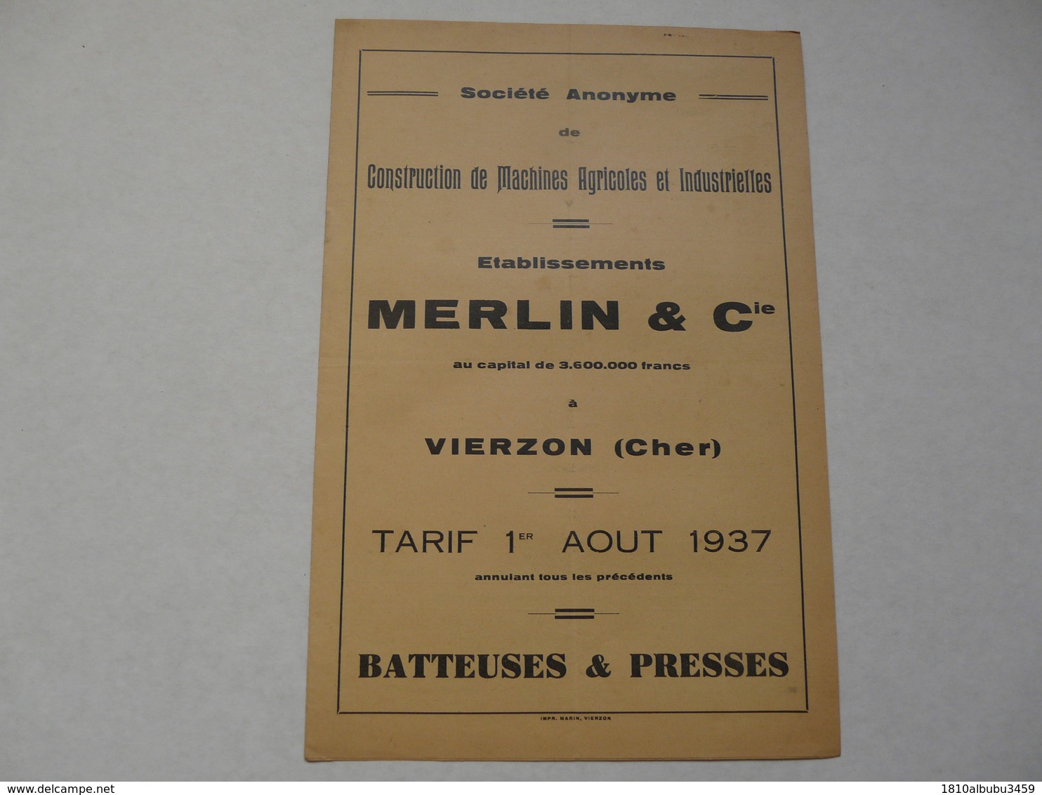 VIEUX PAPIERS - 18 CHER - VIERZON - CATALOGUE (5 Pages) : TARIFS Au 1er Août 1937 - ETS MERLIN & CIE - Pubblicitari