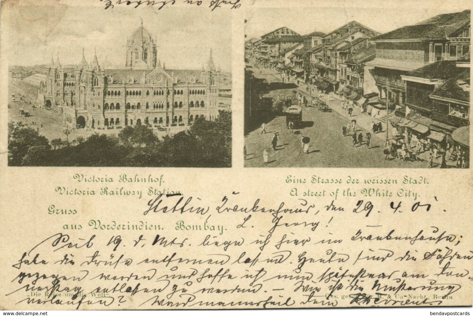 India, BOMBAY, Victoria Railway Station, Street In White City (1901) Postcard - India