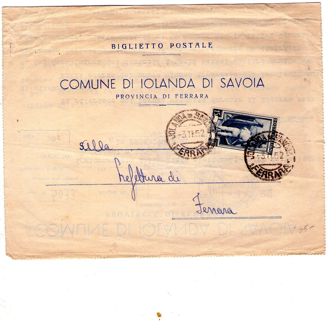 ITALIA  Repubblica Biglietto Postale   Cent. 15 Lavoro - 1946-60: Storia Postale