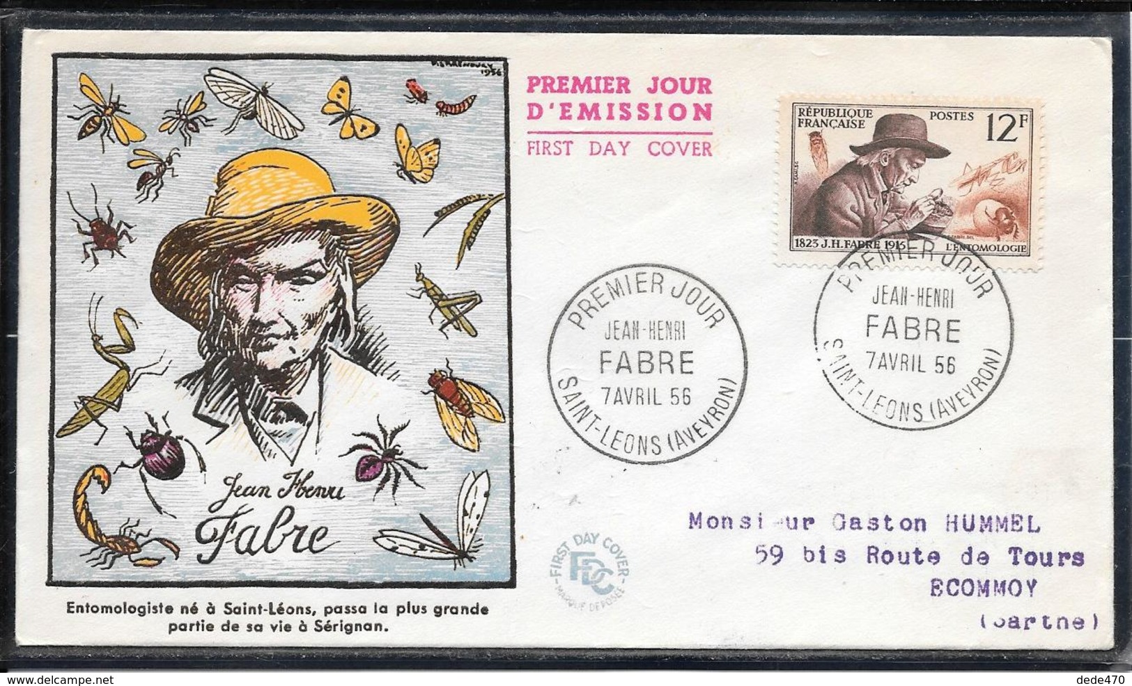 FDC 1956 - 1055  Inventeurs & Chercheurs Célèbres: Jean-Henry FABRE, Entomologiste - 1950-1959