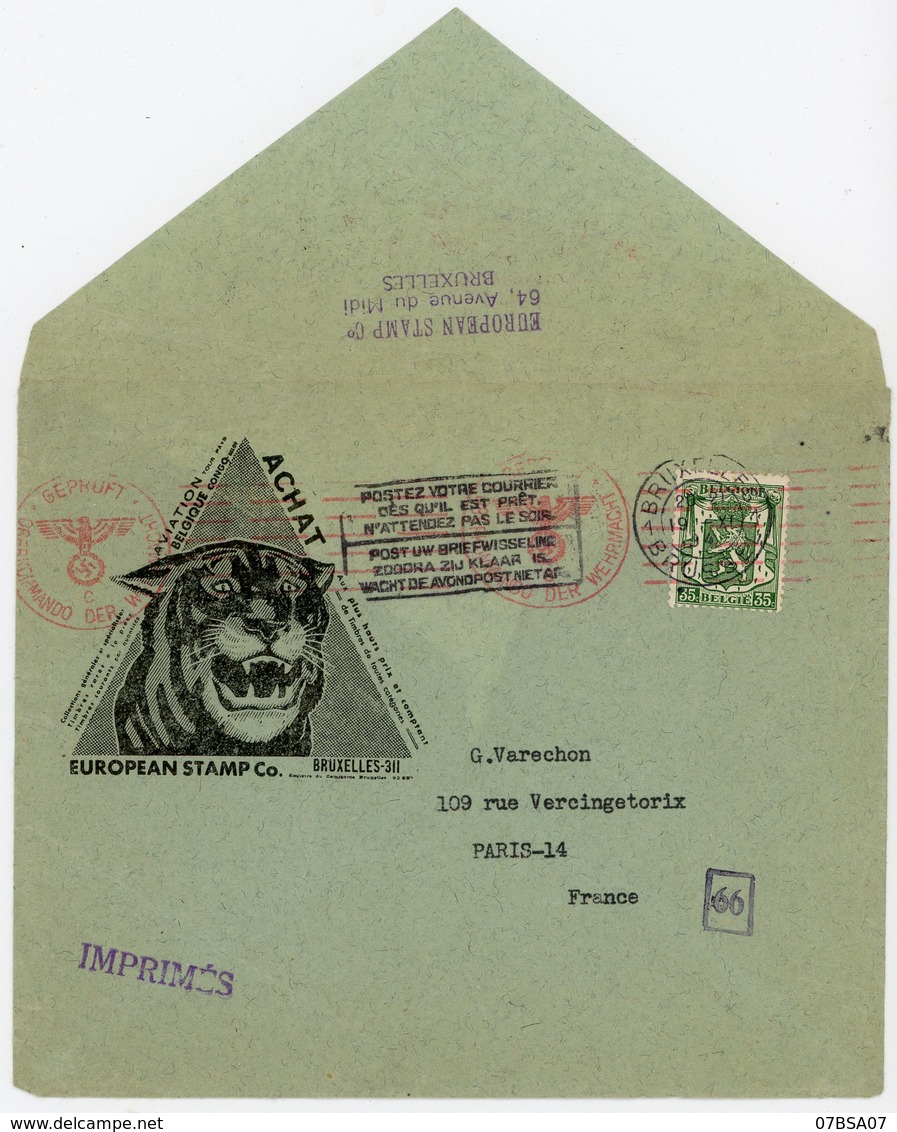 BELGIQUE ENV OUVERTE IMPRIMES 194? BRUXELLE + CENSURE LETTRE POUR FRANCE ILLUSTRATION FELIN TIGRE ET TIMBRE LION - Roofkatten