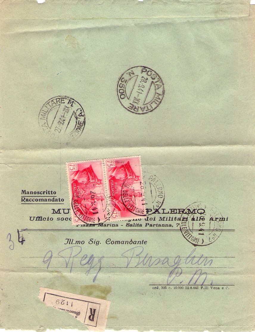 ITALIA  Storia Postale  Regno   Posta Militare 3500   Coppia Cent. 75   Racc. - Marcophilia