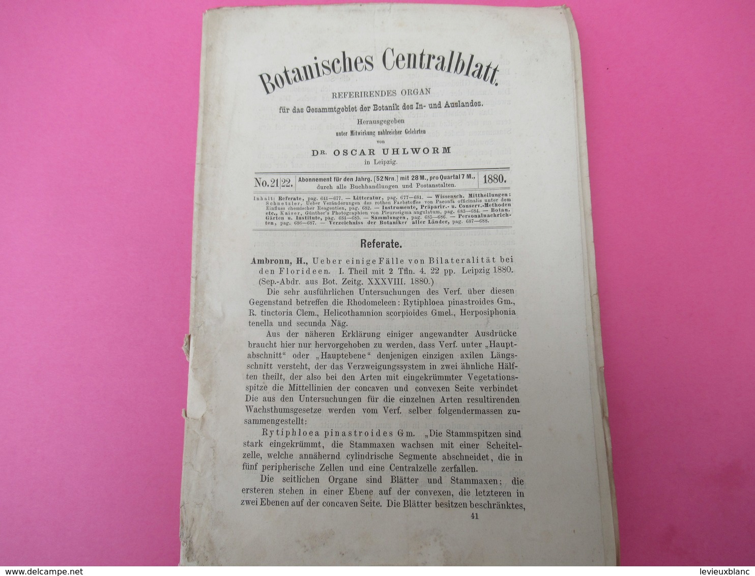 Fascicule/ Botanique/ Botanisches Centralblatt Referirendes Oirgan/ Oscar UHLWORM/ Leipzig//1880     MDP90 - Libri Vecchi E Da Collezione