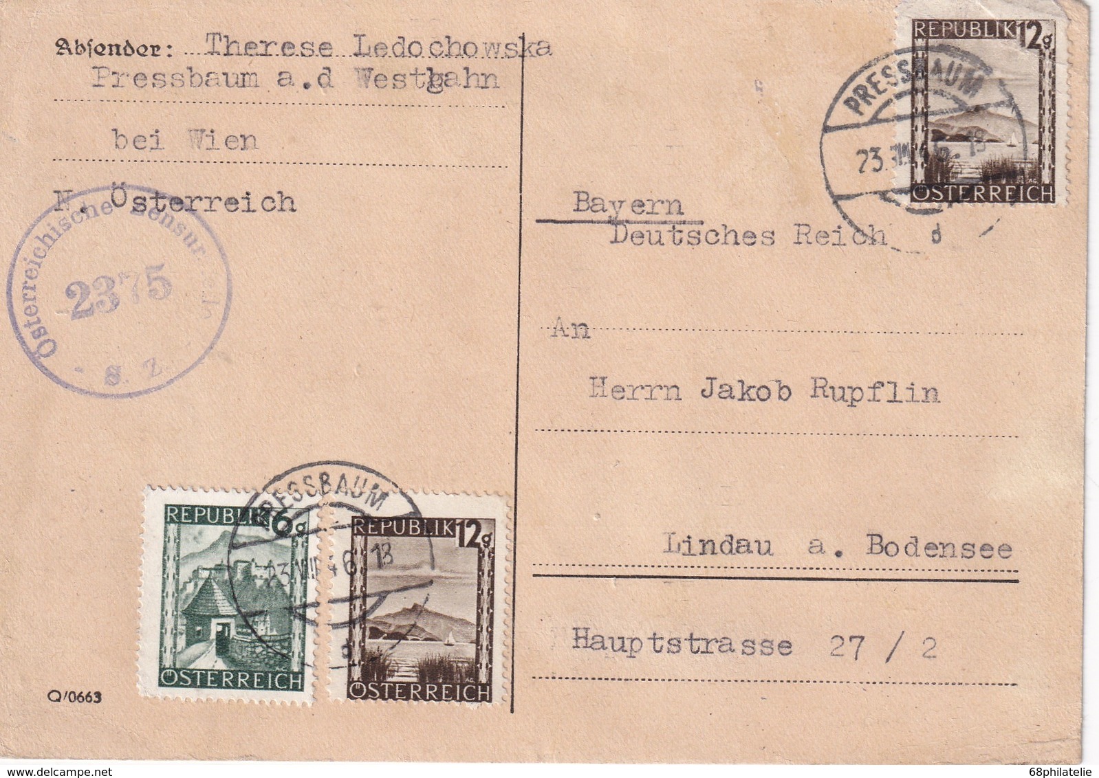 AUTRICHE 1946 CARTE CENSUREE DE PRESSBAUM POUR LINDAU - Covers & Documents