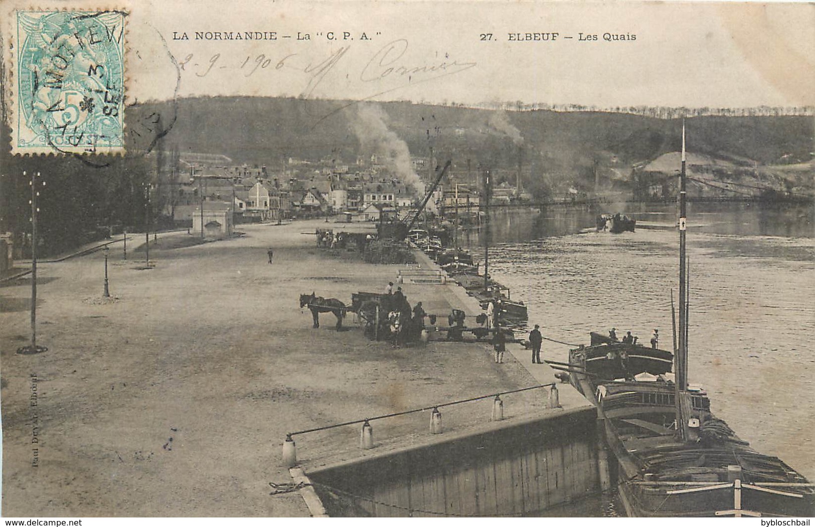 Lot 2 CPA 76 Seine Maritime Elbeuf Les Quais (péniche Attelage) 1906 + Place Lemercier 1906 Boucherie - Elbeuf