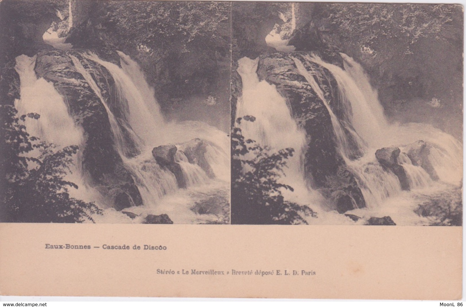 64  EAUX BONNES - CASCADE DE DIASCÔO - CARTE STEREO - STEREOSCOPIQUE - PUB CHOCOLAT LOUIT AU VERSO - - Cartes Stéréoscopiques