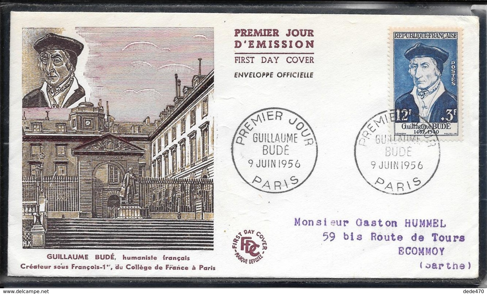 FDC 1956 - 1066  Célébrités DuXVème Au XXème S.: Guillaume BUDE - Humaniste - 1950-1959