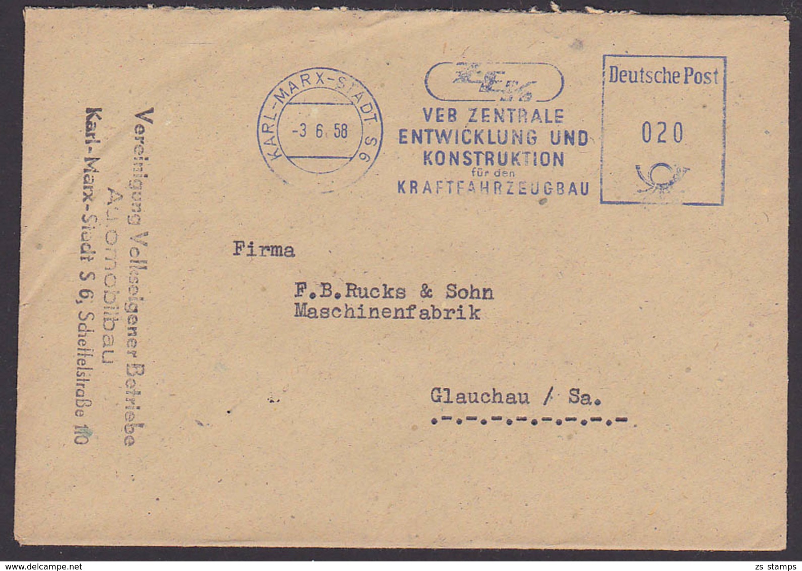 Karl-Marx-Stadt DDR AFS 3.6.58 Dienstpost VEB Zentrale Entwicklung Für Kraftfahrzeugbau, KfZ ZEK, - Auto's